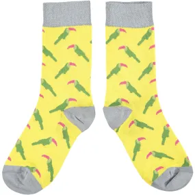 Ladies Bright Yellow & Grey Parakeets Organic Cotton Ankle Socks