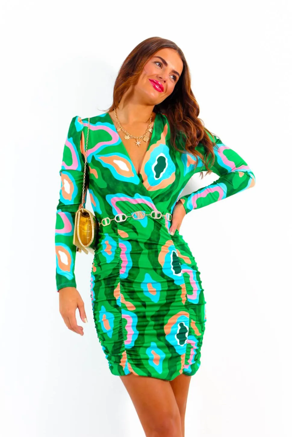 Like It Like That - Green Abstract Print Ruched Mini Dress