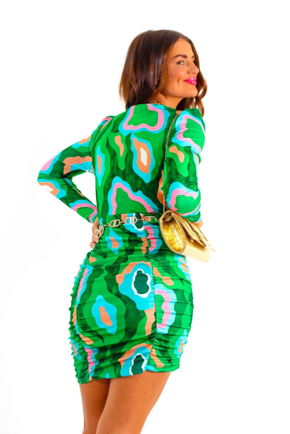 Like It Like That - Green Abstract Print Ruched Mini Dress