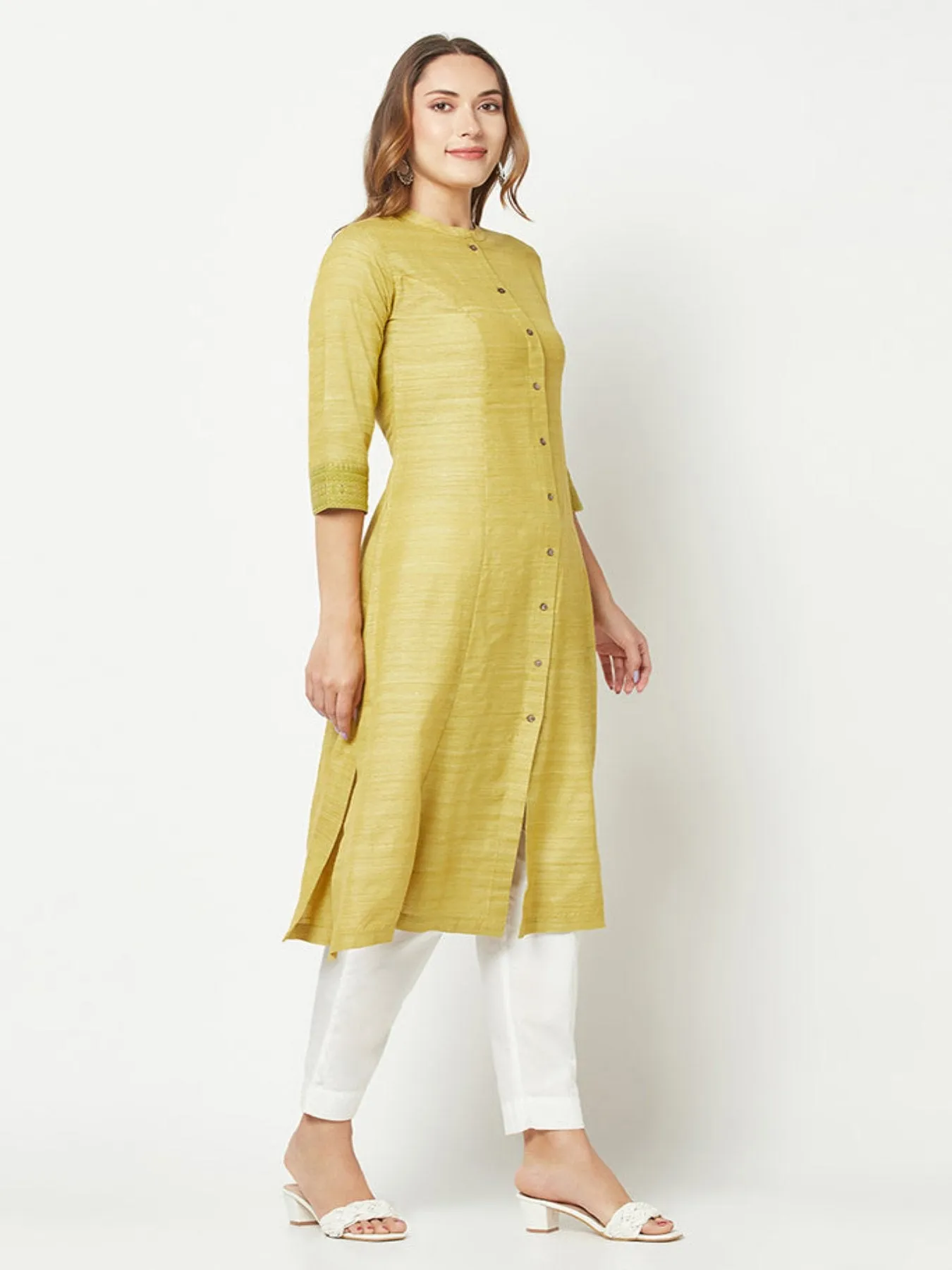 Lime Green Khaadi Embroidered Kurta