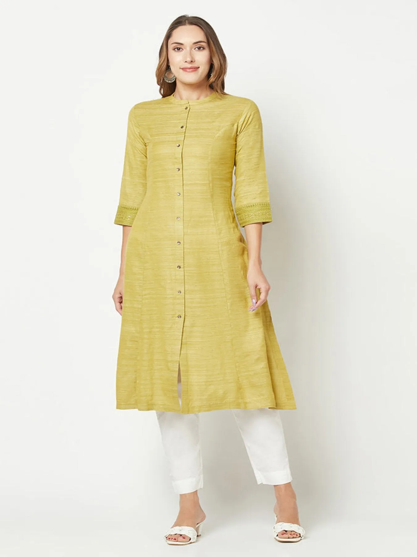 Lime Green Khaadi Embroidered Kurta