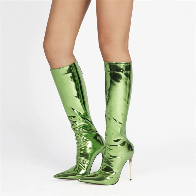 Metallic Patent Leather Thin Heels Knee-High Boots