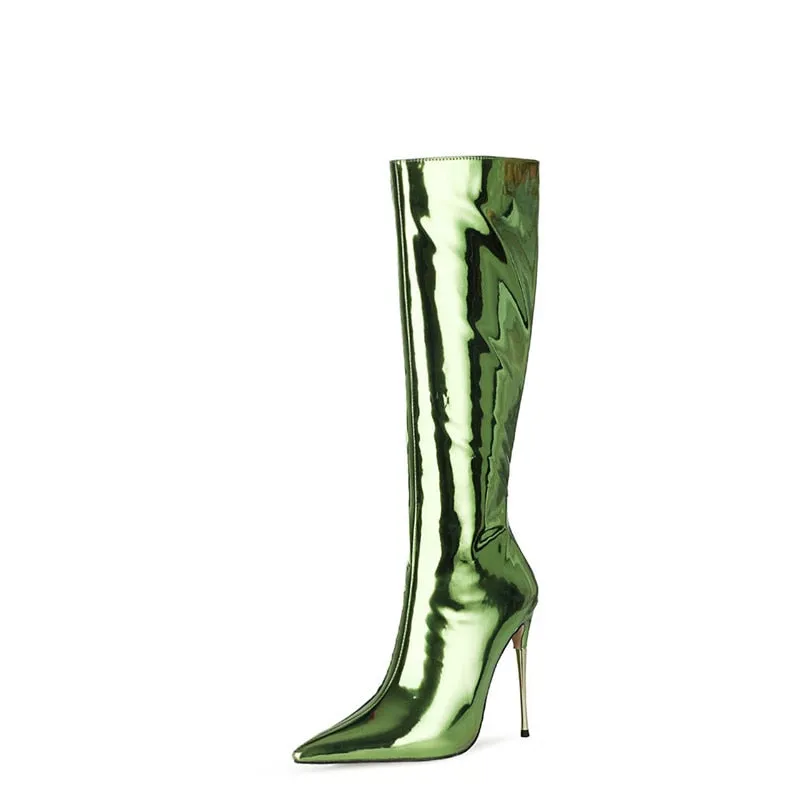 Metallic Patent Leather Thin Heels Knee-High Boots