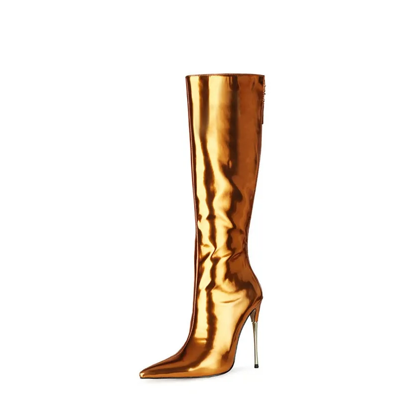 Metallic Patent Leather Thin Heels Knee-High Boots