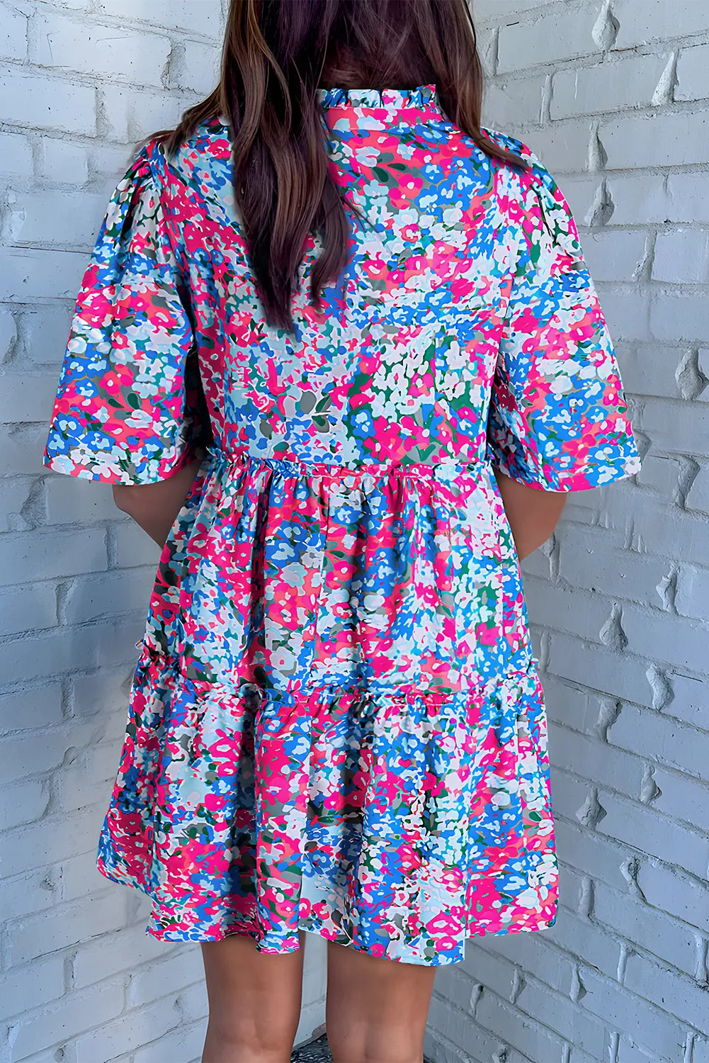 Multicolour Boho Floral Print Puff Sleeve Tiered Mini Dress