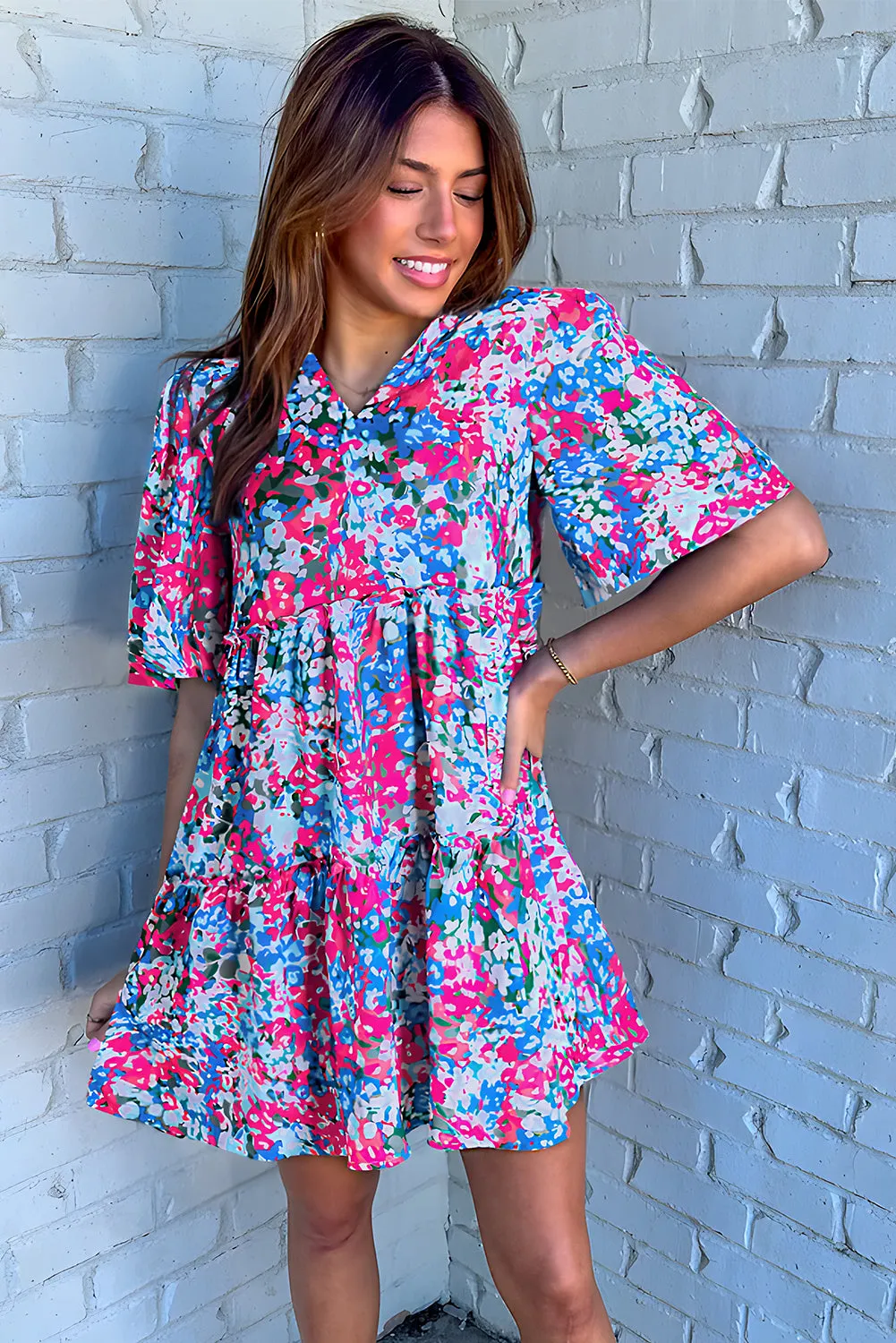 Multicolour Boho Floral Print Puff Sleeve Tiered Mini Dress