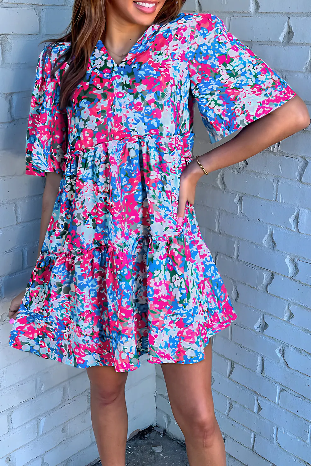 Multicolour Boho Floral Print Puff Sleeve Tiered Mini Dress