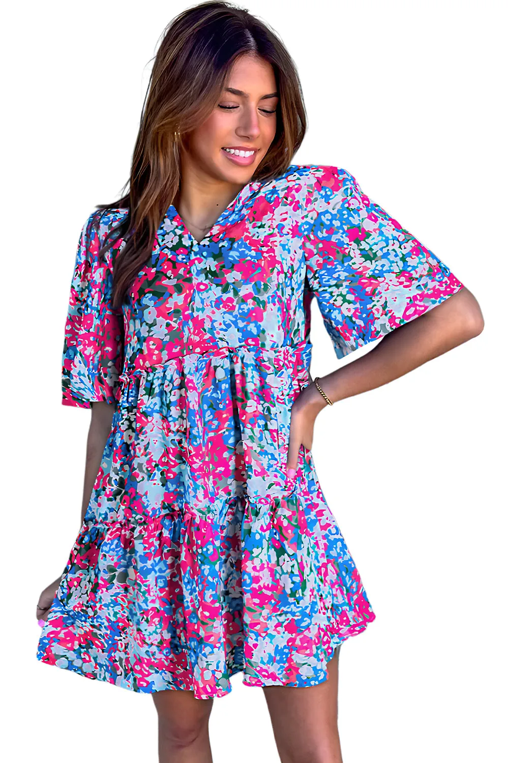 Multicolour Boho Floral Print Puff Sleeve Tiered Mini Dress