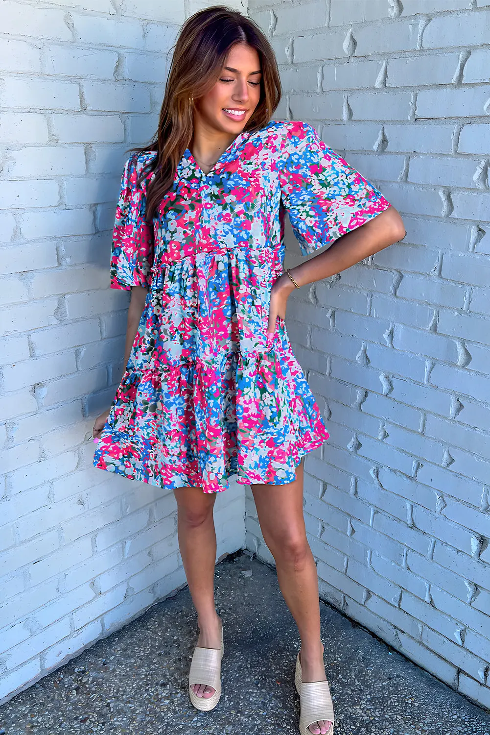 Multicolour Boho Floral Print Puff Sleeve Tiered Mini Dress