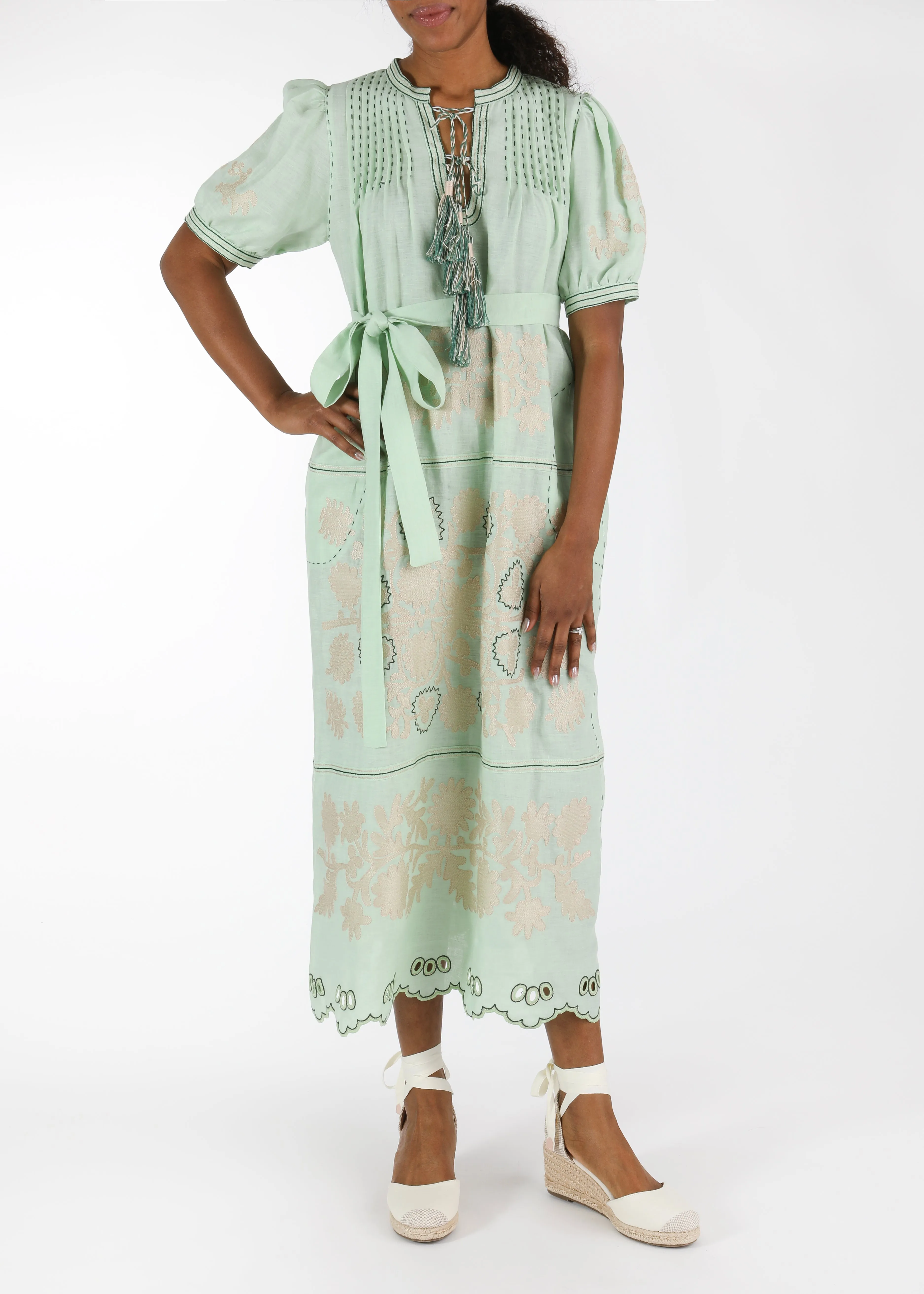 Natalia Ukrainian Embroidered Dress - Mint