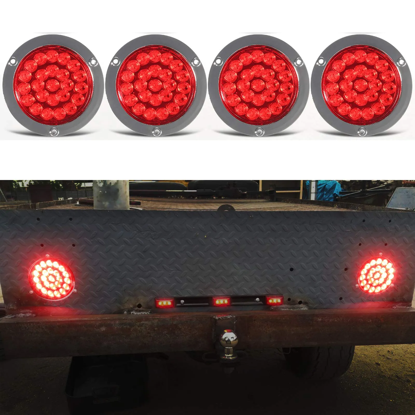 Partsam 4Pcs 4inch Round Red LED Stop Turn Tail Lights Brake Trailer Lights 24LED, 4 Inch Round Led Trailer Tail Lights Red Flange Mount Waterproof for RV Trucks 12V DC