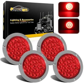 Partsam 4Pcs 4inch Round Red LED Stop Turn Tail Lights Brake Trailer Lights 24LED, 4 Inch Round Led Trailer Tail Lights Red Flange Mount Waterproof for RV Trucks 12V DC