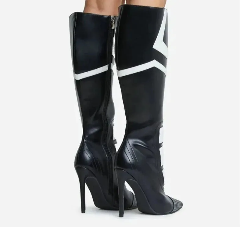 Patchwork Pointed Toe Knee-High Boots