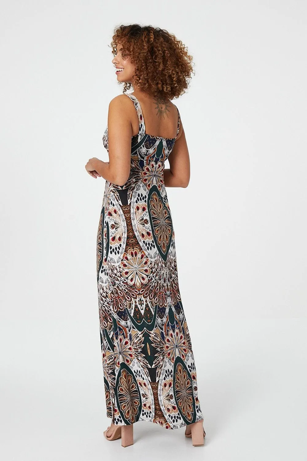 Peacock Print Sleeveless Maxi Dress