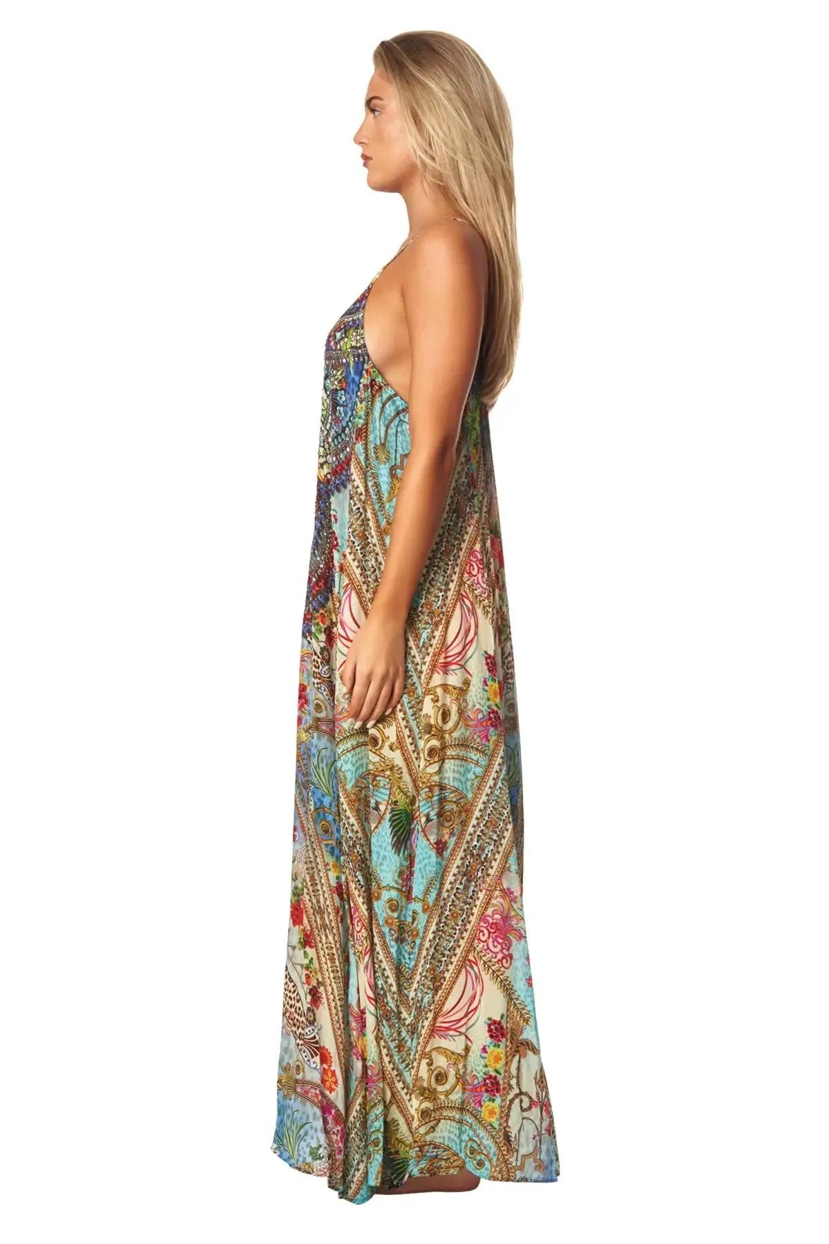 Queens Garden Bohemian T-back Maxi Dress with Front Pockets