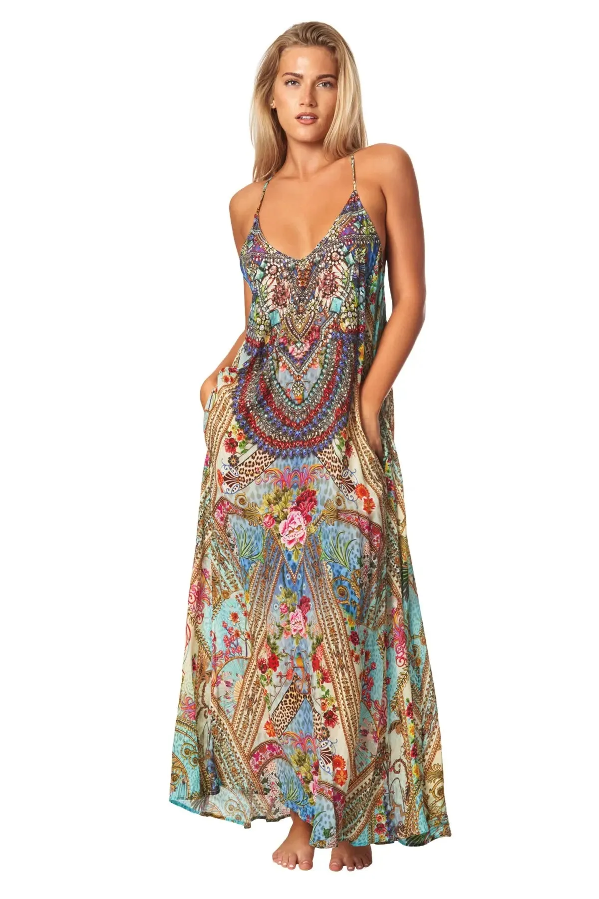 Queens Garden Bohemian T-back Maxi Dress with Front Pockets