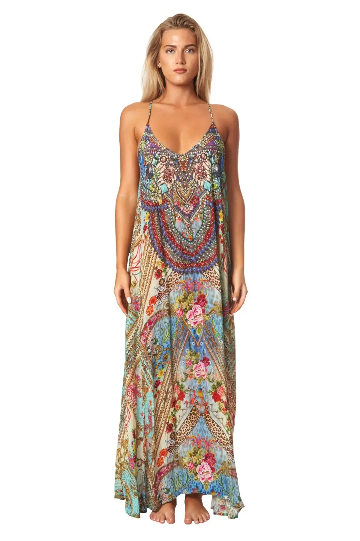 Queens Garden Bohemian T-back Maxi Dress with Front Pockets