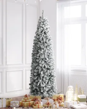 relaxed Un-lit 7.5Ft Snow Flocked Artificial Pencil Christmas Tree, Hinged Snowy Slim Xmas Tree Outdoor for Festive Holiday Decoration 6.5 ft