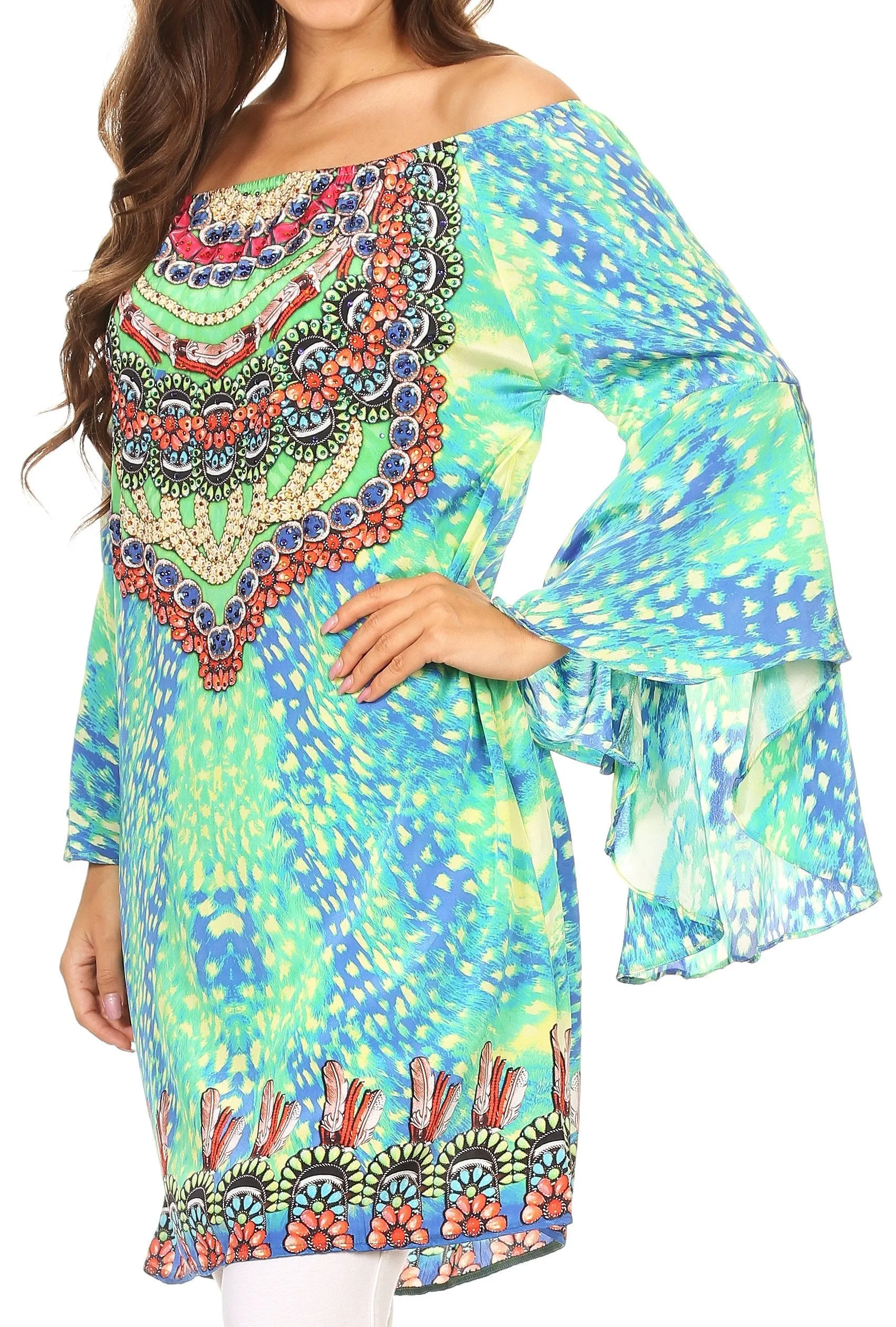 Sakkas Inna Colorful Shift Dress Tunic with Bell Ruffled Sleeves & Rhinestones