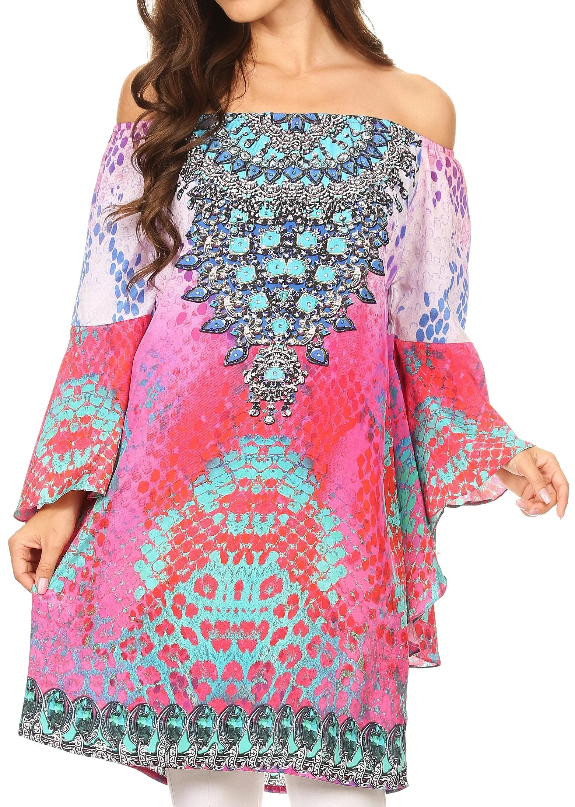 Sakkas Inna Colorful Shift Dress Tunic with Bell Ruffled Sleeves & Rhinestones