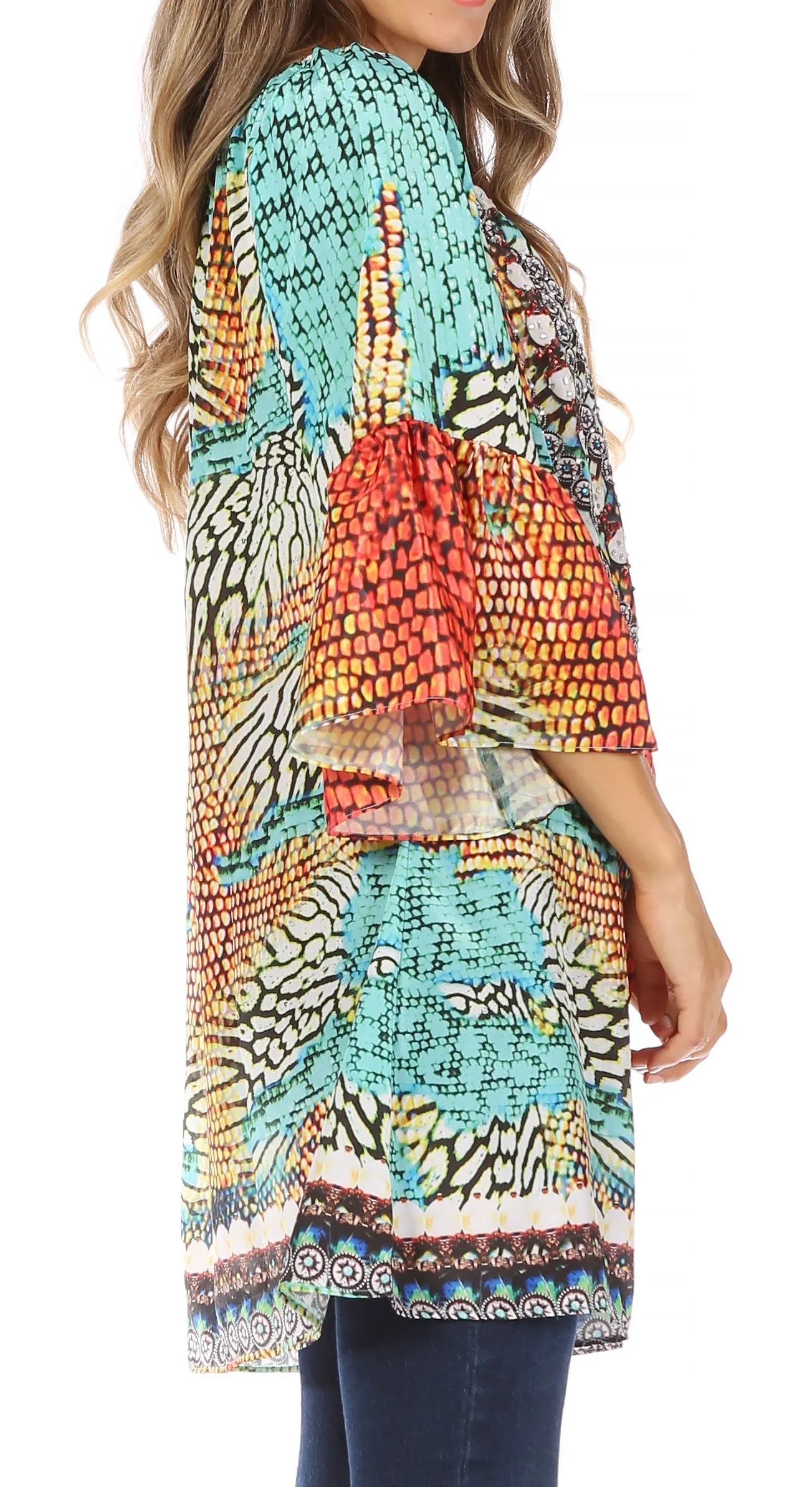 Sakkas Inna Colorful Shift Dress Tunic with Bell Ruffled Sleeves & Rhinestones