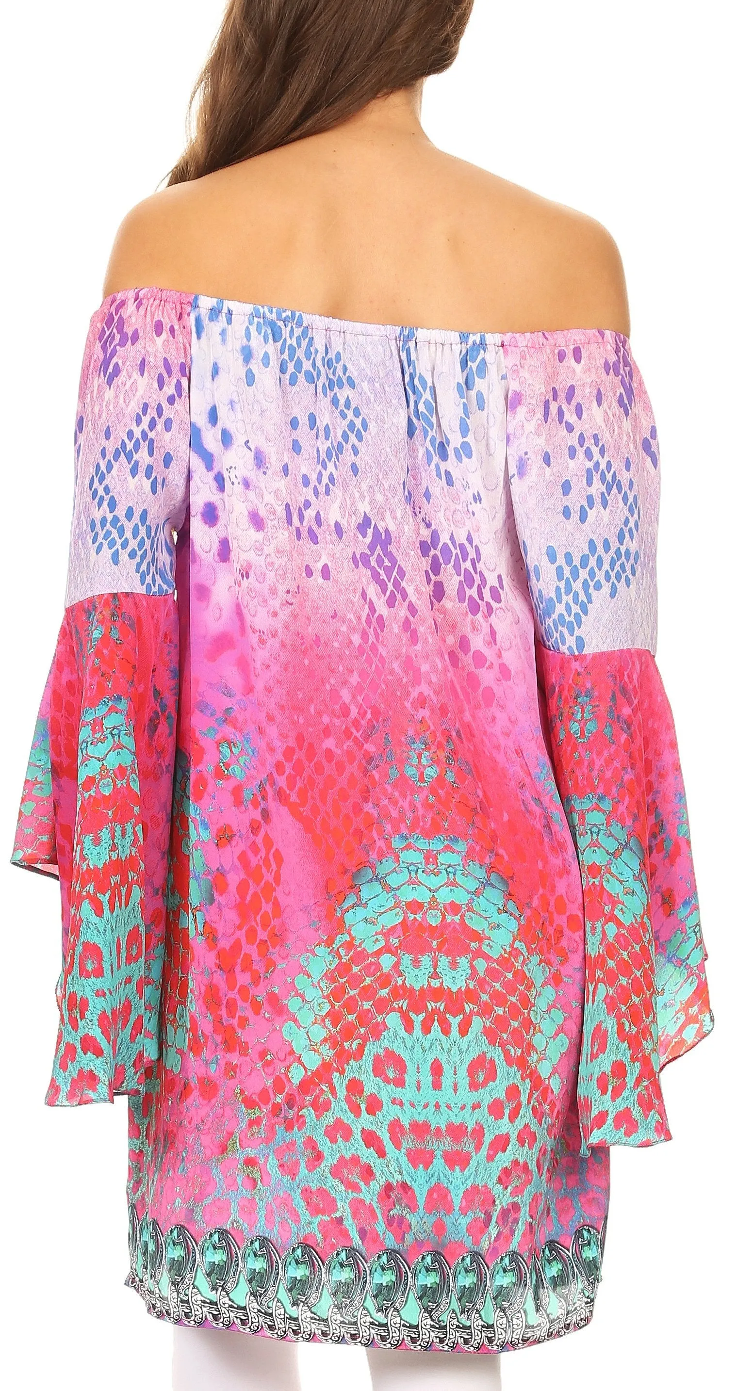 Sakkas Mosi Colorful Shift Dress Tunic with Bell Ruffled Sleeves & Rhinestones