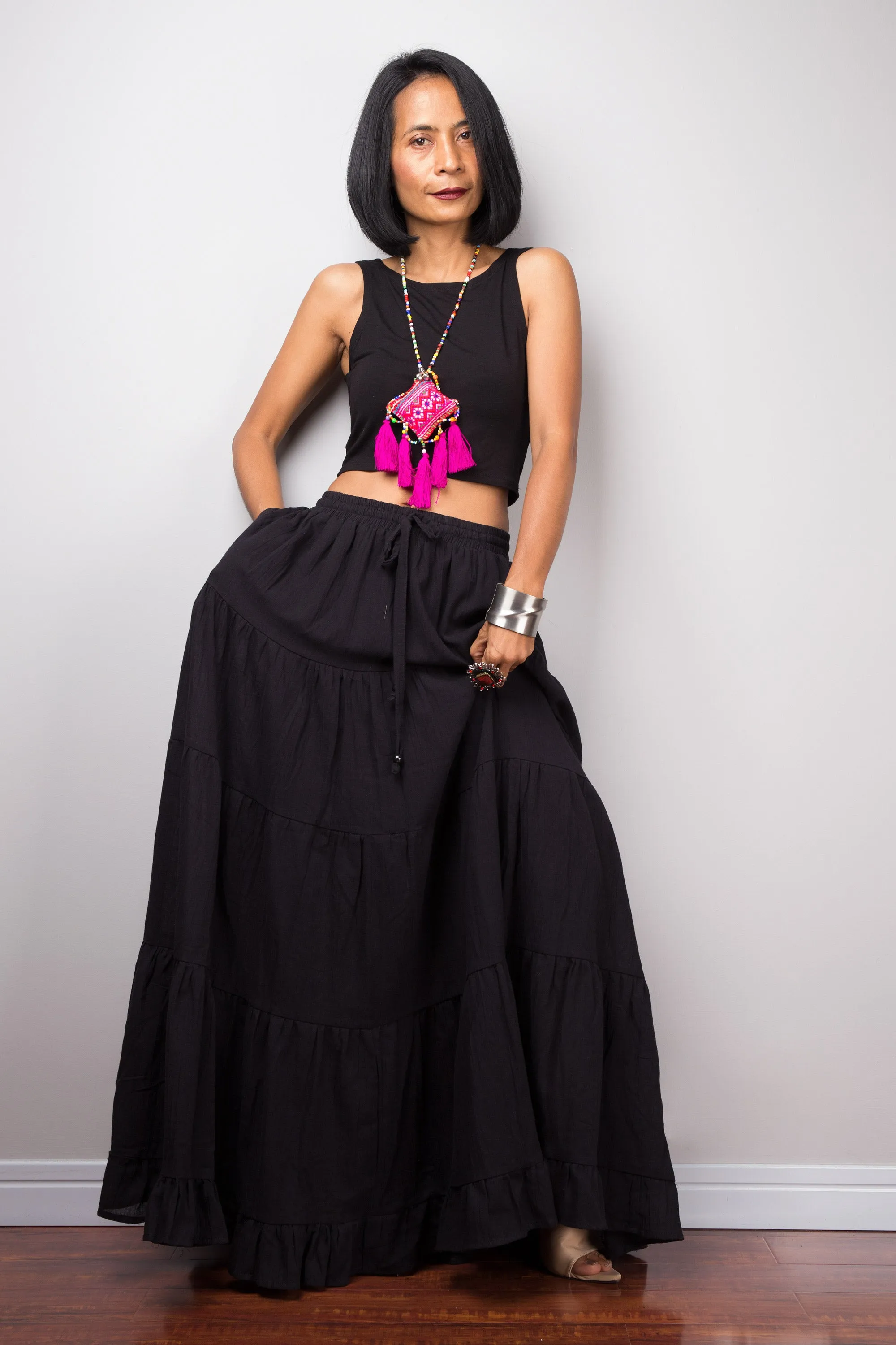 Tiered black cotton maxi skirt