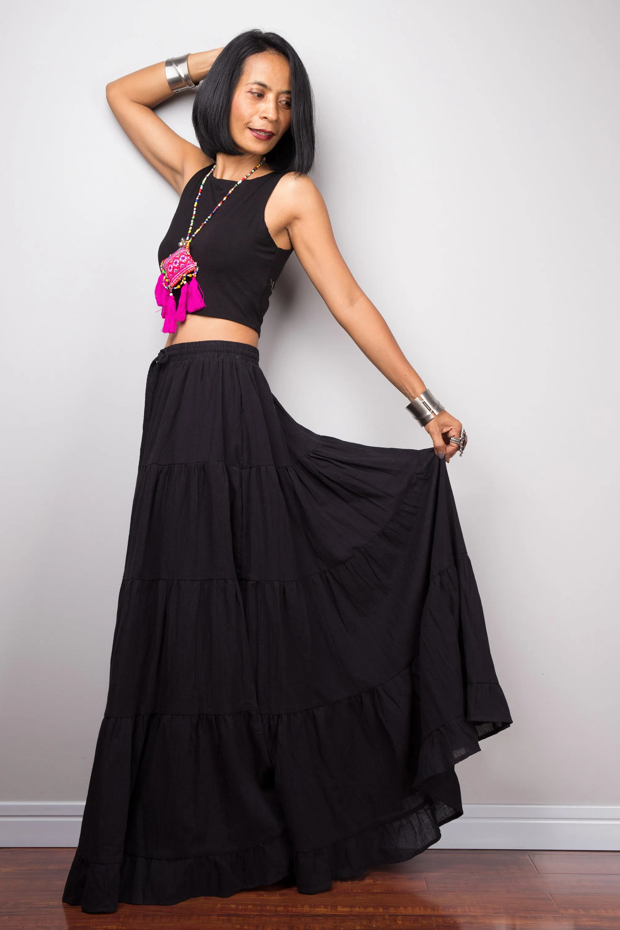 Tiered black cotton maxi skirt