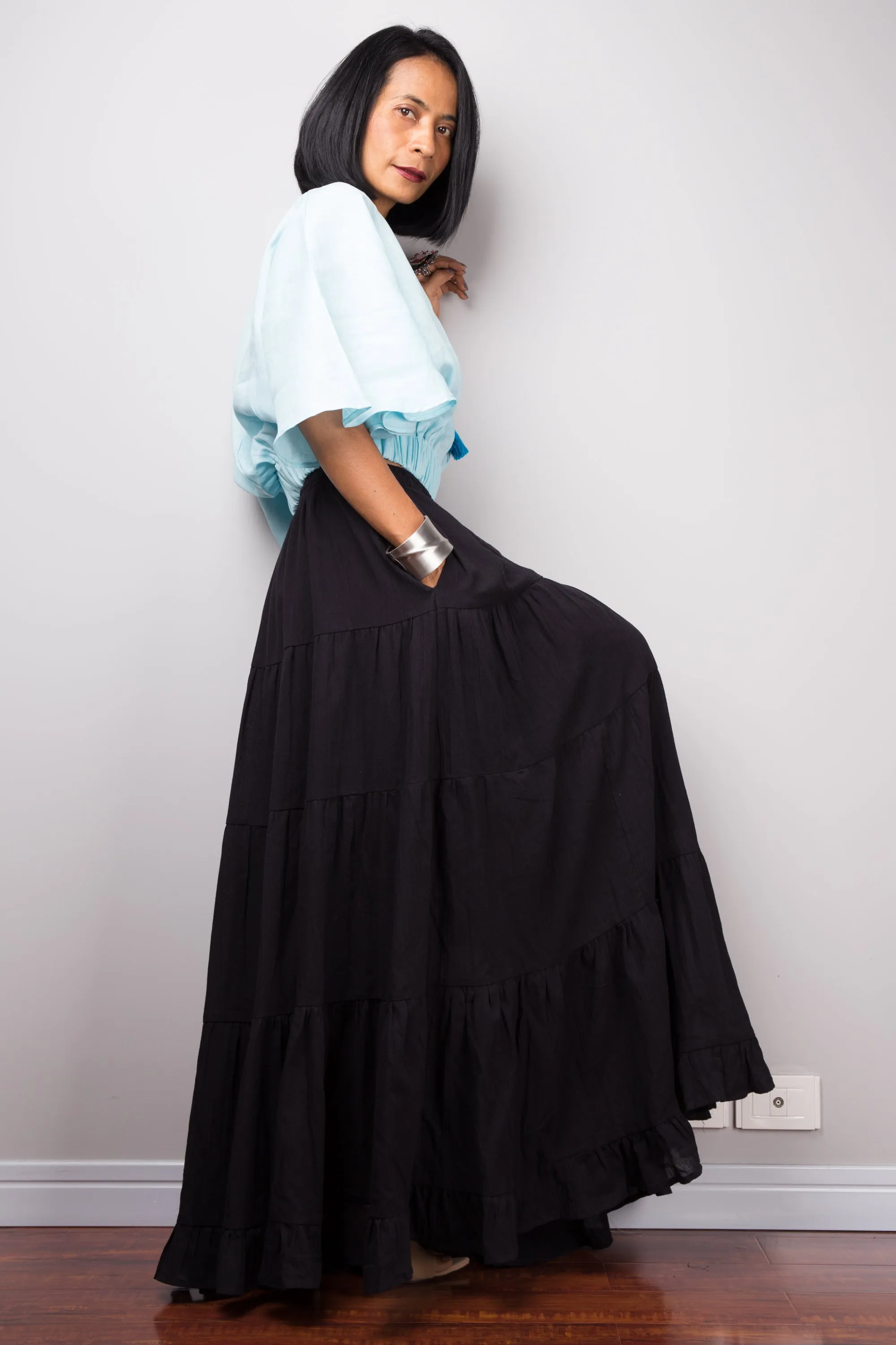 Tiered black cotton maxi skirt