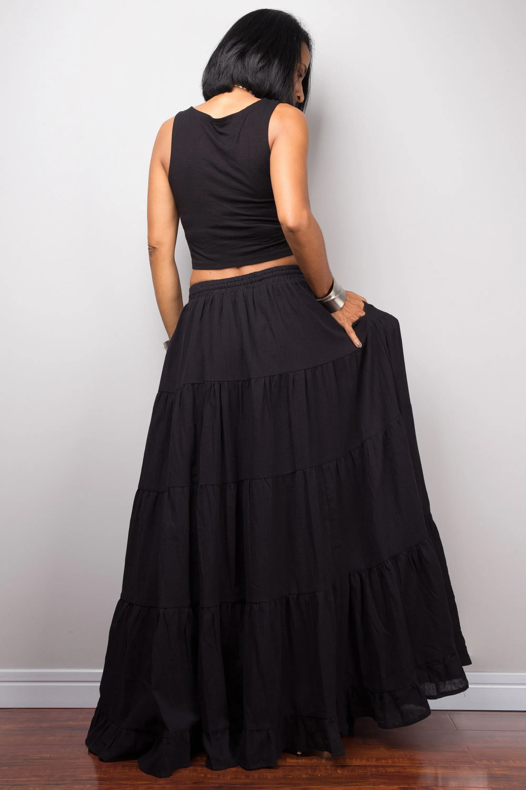 Tiered black cotton maxi skirt