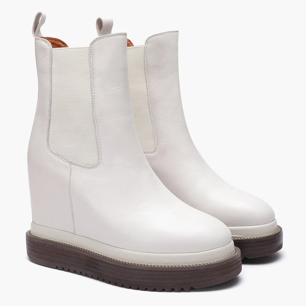 Veronica Off-White Leather Inner Wedge Heel Ankle Boots