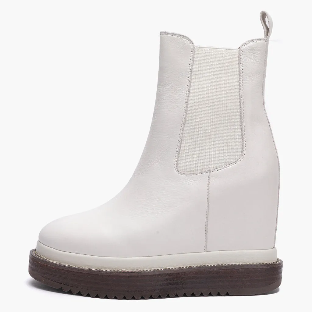 Veronica Off-White Leather Inner Wedge Heel Ankle Boots