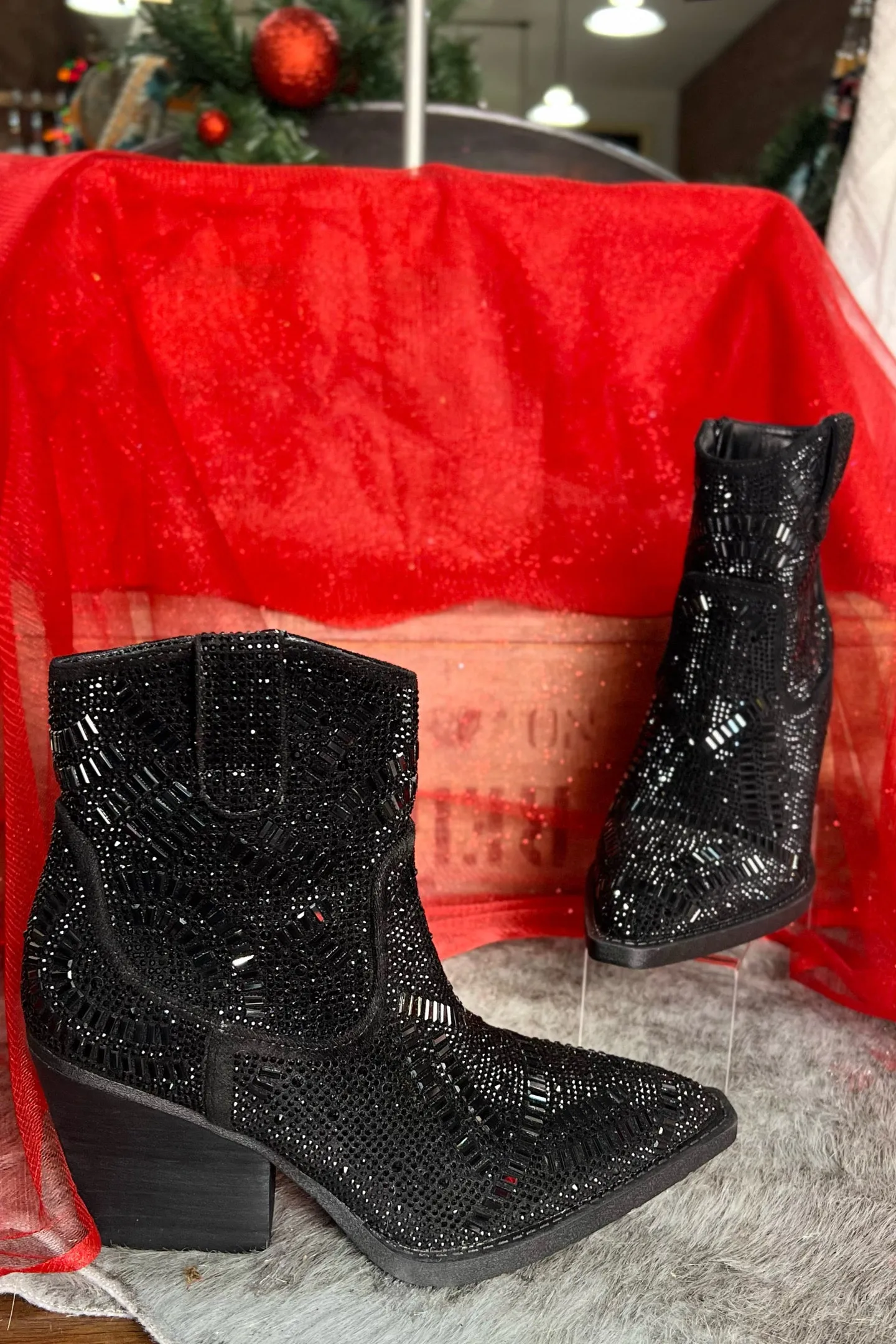 Very G MAZE Rhinestone Cowboy Bootie in Black