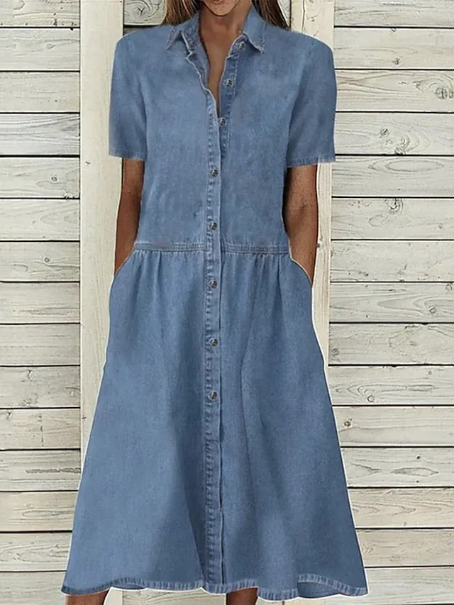 Women's Casual Dress Denim Shirt Dress Maxi long Dress Denim Basic Modern Outdoor Daily Vacation Shirt Collar Button Pocket Short Sleeve Summer Spring Fall 2023 Regular Fit Blue Pure Color S M L XL