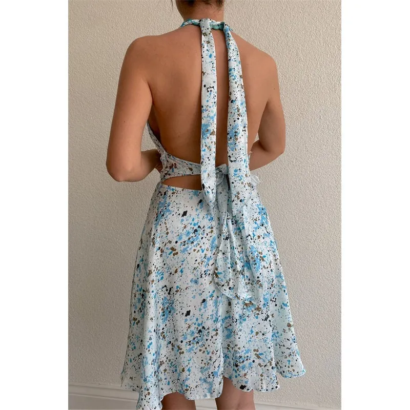 Womens Sexy Sleeveless Floral Print Backless Halter Beach Dress