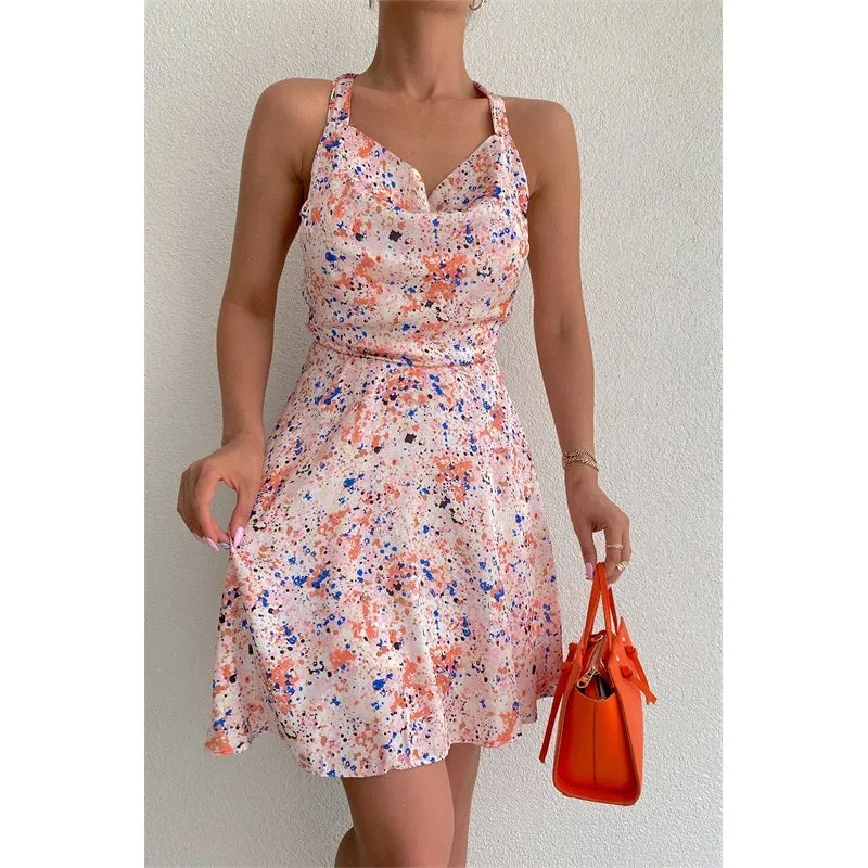 Womens Sexy Sleeveless Floral Print Backless Halter Beach Dress