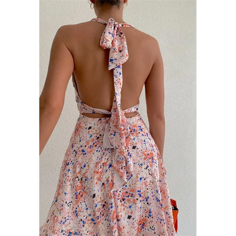 Womens Sexy Sleeveless Floral Print Backless Halter Beach Dress