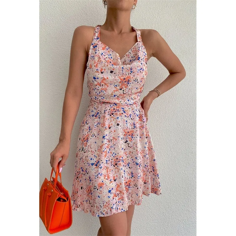 Womens Sexy Sleeveless Floral Print Backless Halter Beach Dress