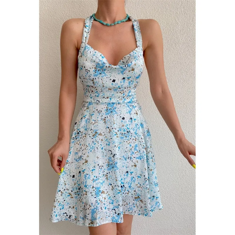 Womens Sexy Sleeveless Floral Print Backless Halter Beach Dress