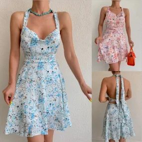 Womens Sexy Sleeveless Floral Print Backless Halter Beach Dress