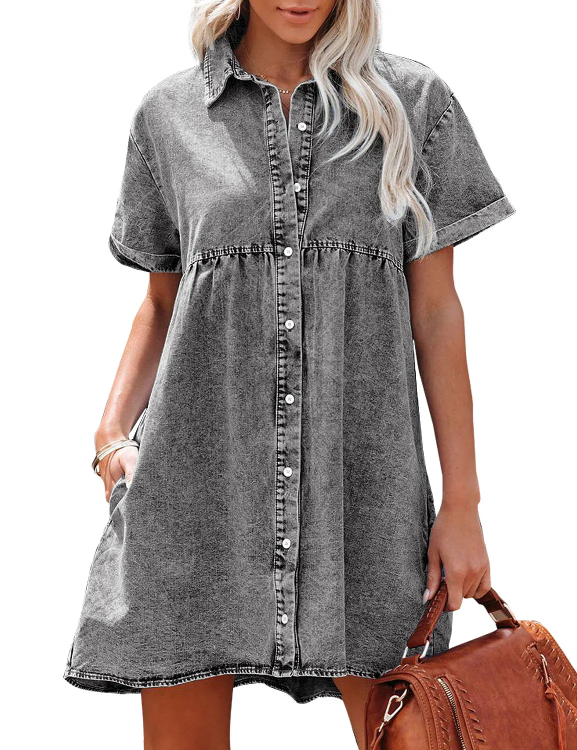 Women's Short Sleeve Button Down Flowy Tiered Babydoll Denim Dress